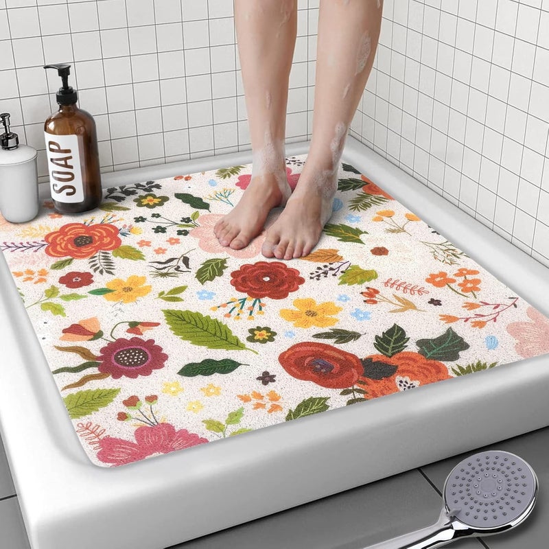 aquoechd Square Shower Mat, 24 x 24 Inch Non Slip Flower Shower Stall Mat, Quick-Dry PVC Loofah Bath Mat for Shower Tub Bathroom - Image 1